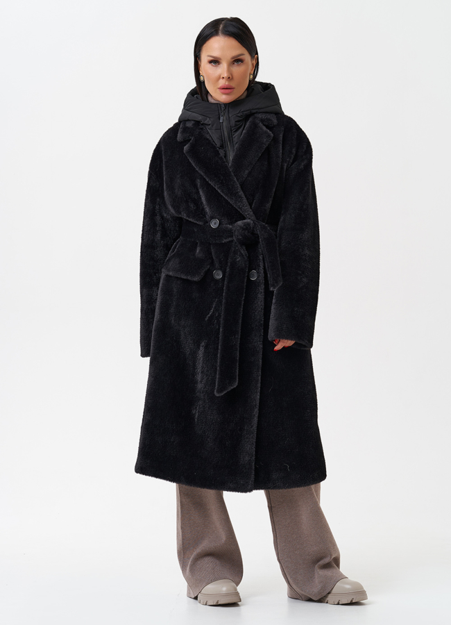 Женское ворсовое пальто с капюшоном модель № 28944 меха малина