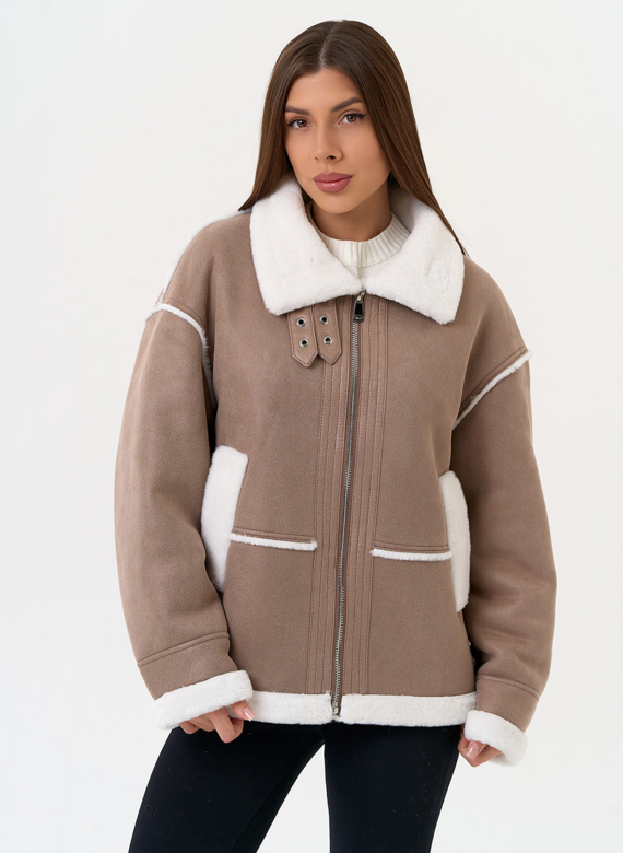 Женская дубленка из эко замши с воротником стойкой