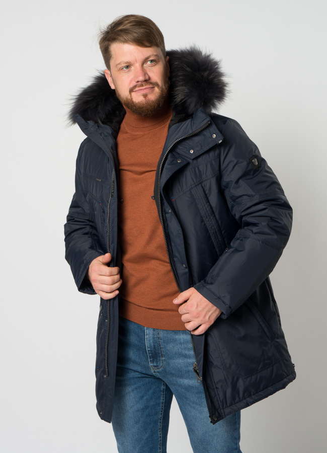 Полупальто мужское синего цвета с отделкой из енота модель № 21709 универмаг малина