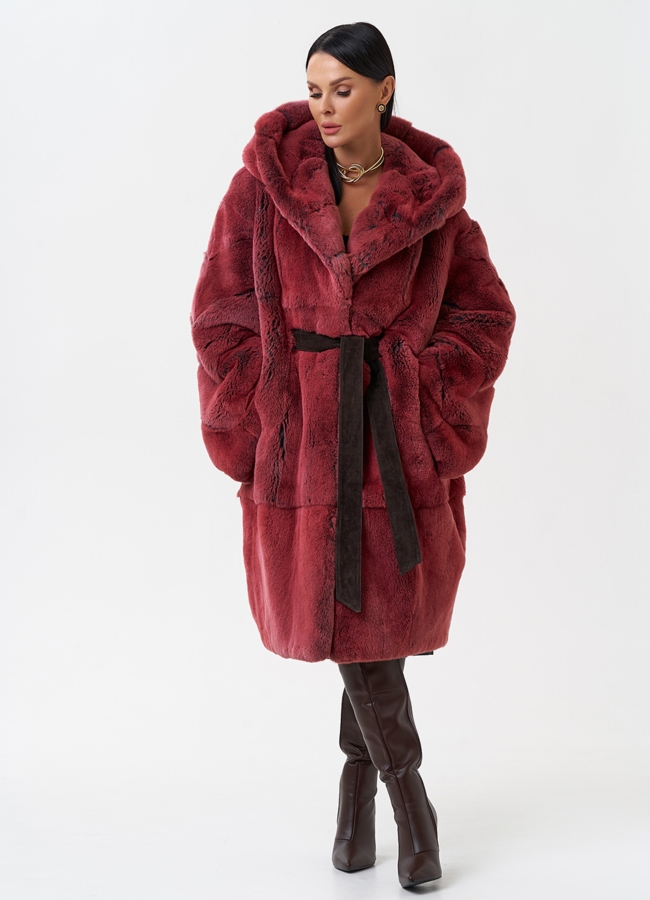 Шуба из меха кролика с капюшоном модель № 28897 универмаг малина